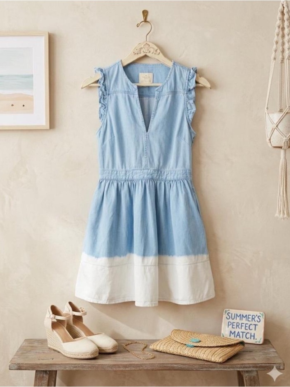 kate spade Light Blue and White Ruffle Sleeve Chambray Dress